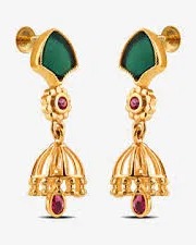 Gold jhumka earrings with green and ruby stones