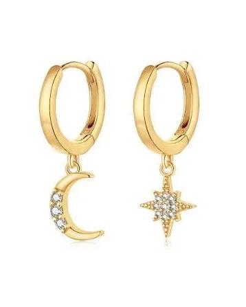 Gold hoop earrings with moon and star charms