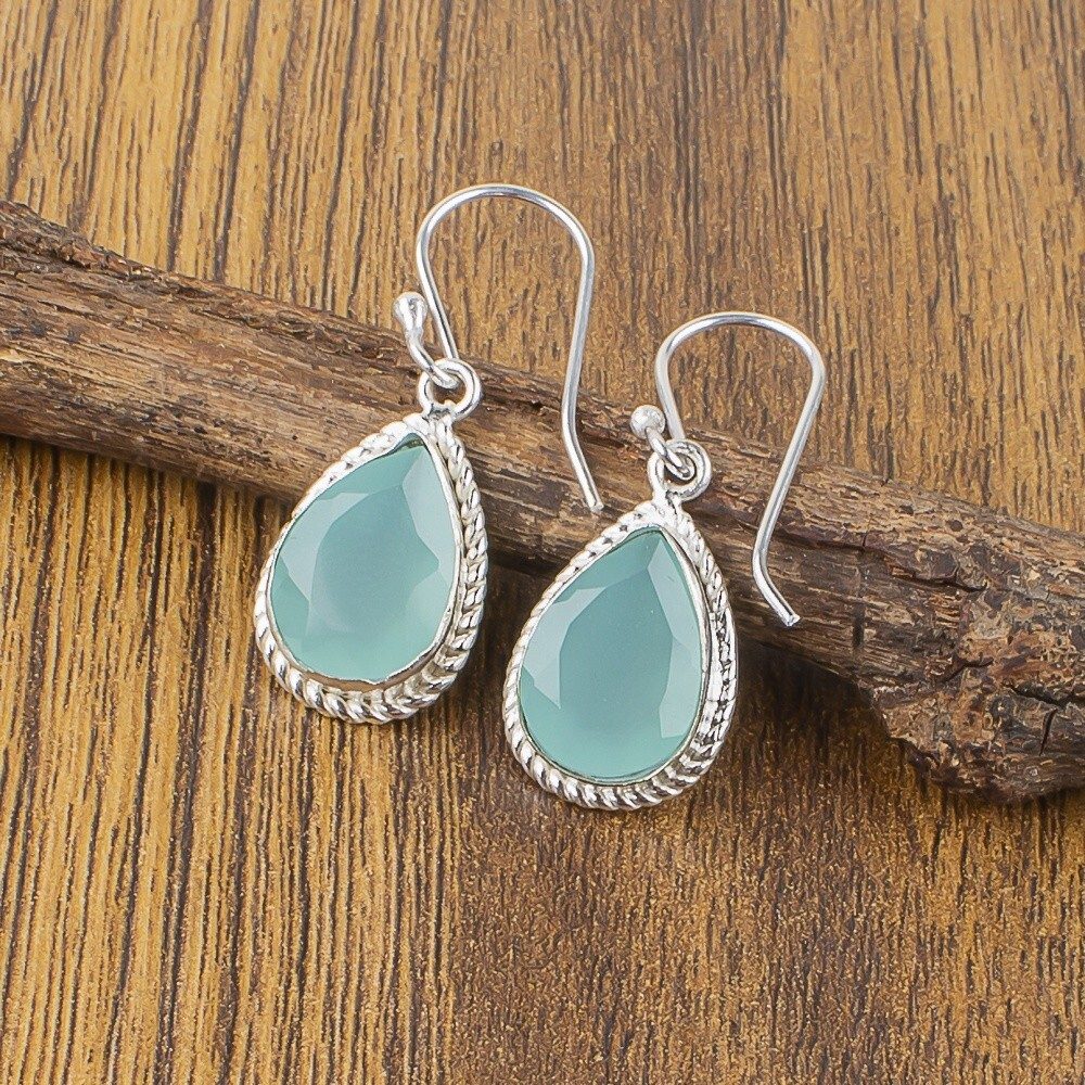 Silver drop earrings with blue stone